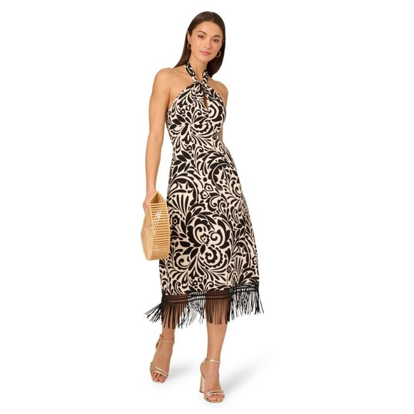 Adrianna Papell Sleeveless Halter Fringe Trim Midi Dress - Black/Beige NWT 14 - Picture 4 of 5